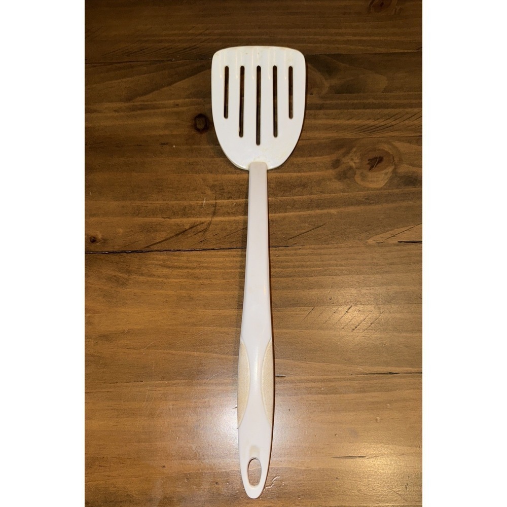 Vintage Melamine Slotted Spatula White 5 Slot Smooth Handle 12"L